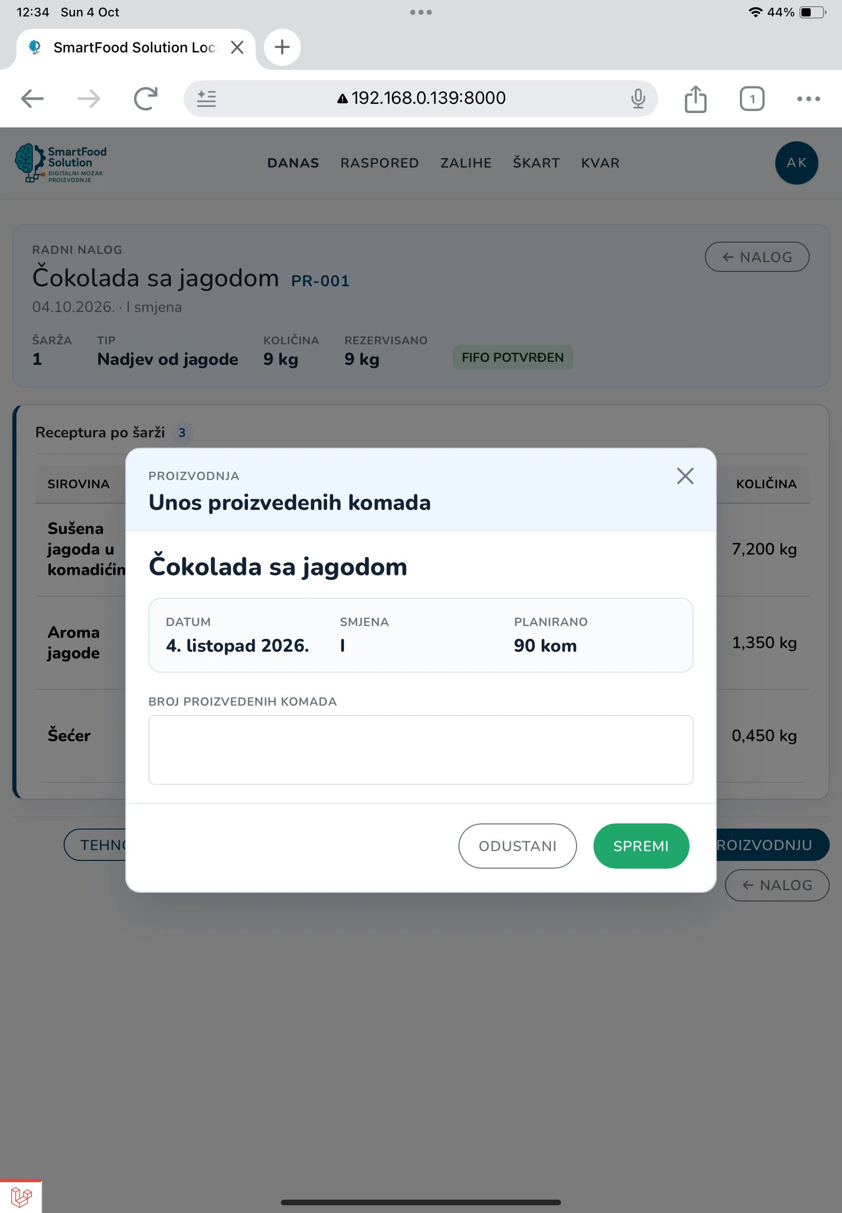 Realizacija se unosi u pogonu.